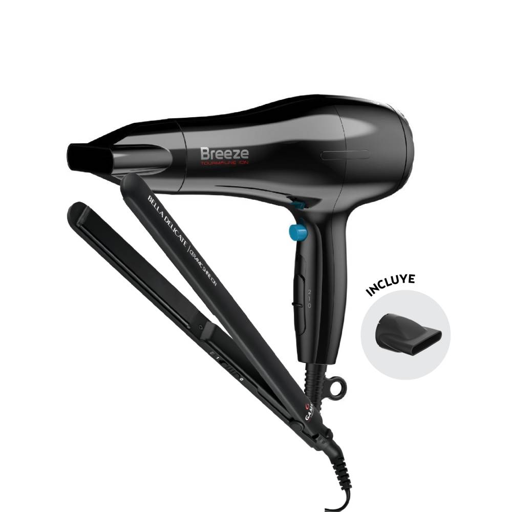 Set Ga.Ma Planchita Bella Delicate Ceramic Y Secador Breeze Negro