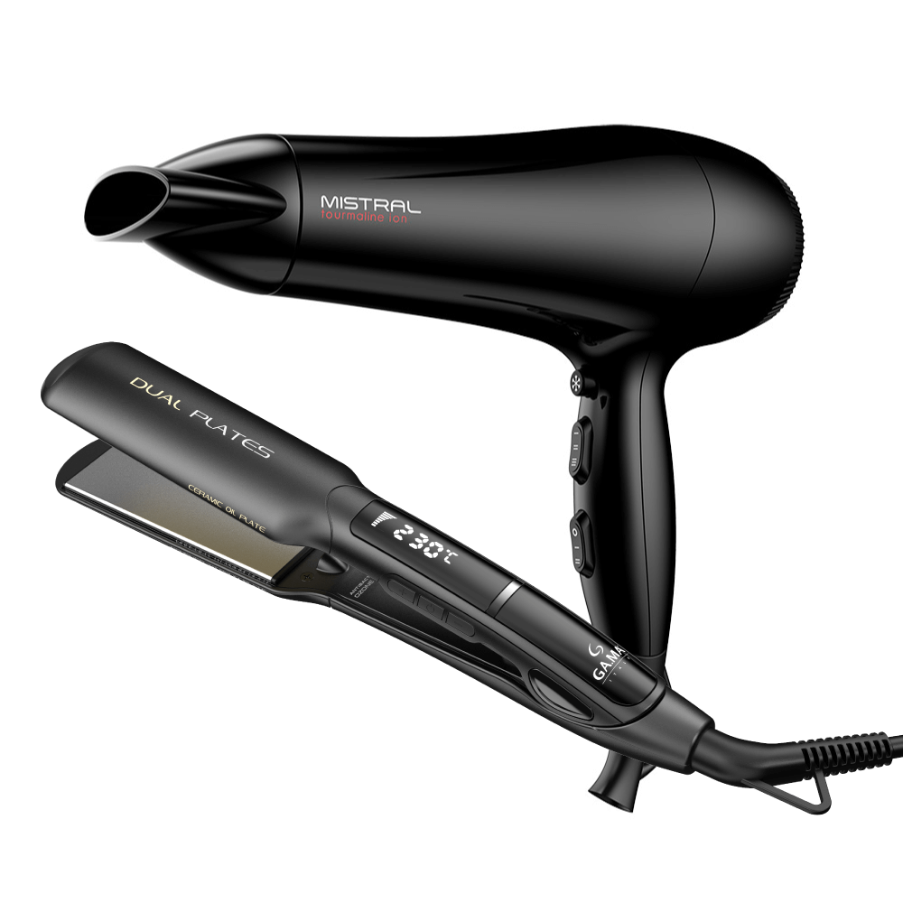 Set Ga.Ma Planchita Digital X-Wide Dual Plates 4D Y Secador Mistral Ion Plus Tourmalina